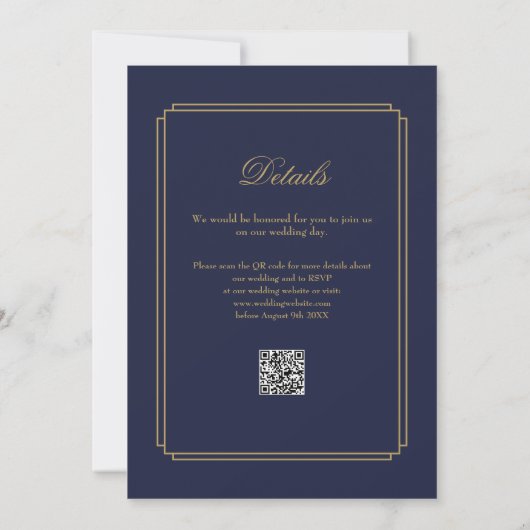 Marine Blauw en Goud Script QR Code Art Deco Weddi Kaart (Achterkant)
