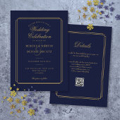 Marine Blauw en Goud Script QR Code Art Deco Weddi Kaart