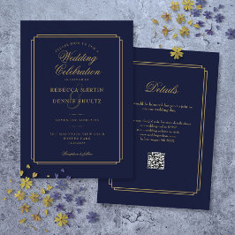 Marine Blauw en Goud Script QR Code Art Deco Weddi Kaart