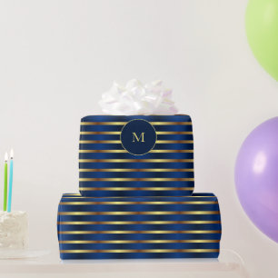 Marine blauw en goud strepen Kerstmis Cadeaupapier