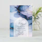 Marine Blauw en Goud Stromende Alcohol Inkt Trouwe Kaart (Staand voorkant)