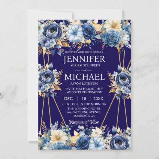 Marine Blauw en Goud Winter Huwelijksuitnodigingen Kaart (Voorkant)