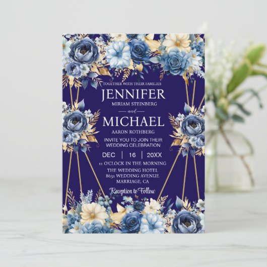 Marine Blauw en Goud Winter Huwelijksuitnodigingen Kaart (Staand voorkant)