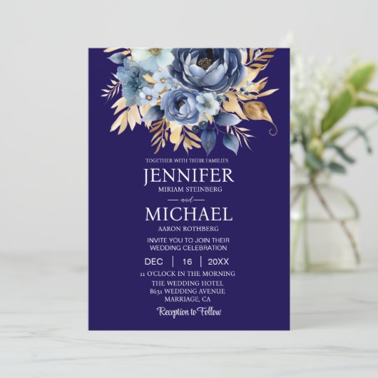 Marine Blauw en Goud Winter Huwelijksuitnodigingen Kaart (Staand voorkant)