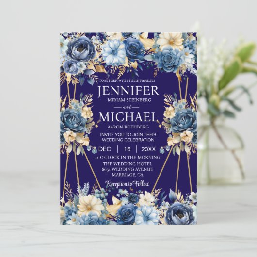 Marine Blauw en Goud Winter Huwelijksuitnodigingen Kaart (Staand voorkant)