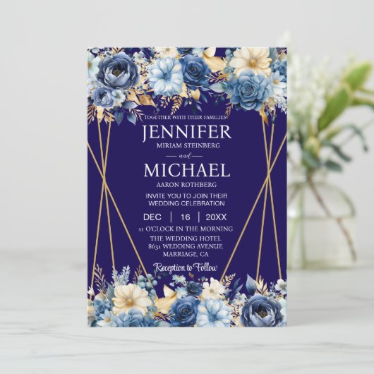 Marine Blauw en Goud Winter Huwelijksuitnodigingen Kaart (Staand voorkant)
