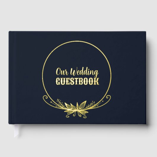 Marine Blauw en Gouden Folie Bloemen Huwelijk Gastenboek (Voorkant)