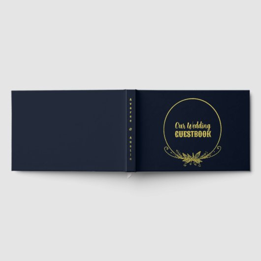 Marine Blauw en Gouden Folie Bloemen Huwelijk Gastenboek (Volledig)