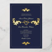 Marine Blauw en Gouden Folie Huwelijksuitnodiging Folie Uitnodiging (Voorkant)
