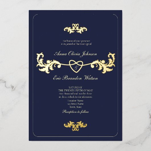 Marine Blauw en Gouden Folie Huwelijksuitnodiging Folie Uitnodiging (Voorkant)