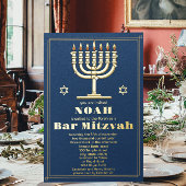Marine Blauw en Gouden Ster van David Bar Mitzvah Folie Uitnodiging