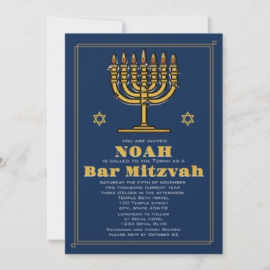 Marine Blauw en Gouden Ster van David Bar Mitzvah Kaart (Voorkant)
