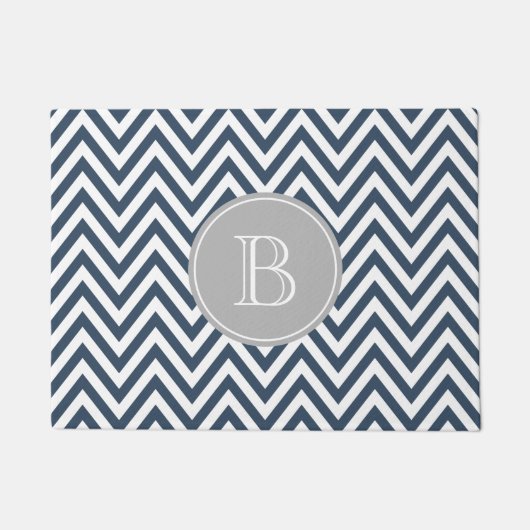 Marine Blauw en Grijs Chevron Custom Monogram Deurmat (Voorkant)