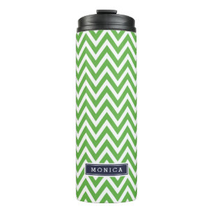 Marine Blauw en Groen Chevron Monogram Thermosbeker