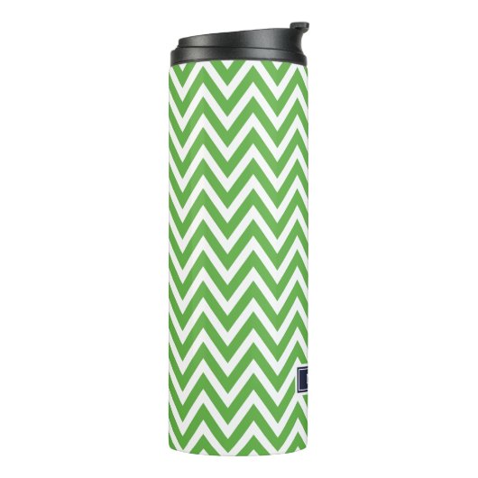 Marine Blauw en Groen Chevron Monogram Thermosbeker (Gedraaid links)