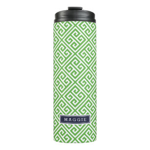 Marine Blauw en Groen Grieks Sleutel Monogram Thermosbeker