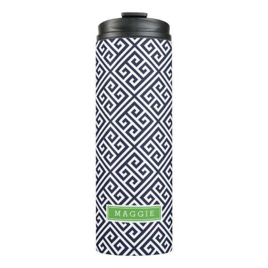 Marine Blauw en Groen Grieks Sleutel Monogram Thermosbeker (Voorkant)