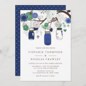 Marine Blauw en Groen Hanging Mason Jars Wedding Kaart (Voorkant / Achterkant)