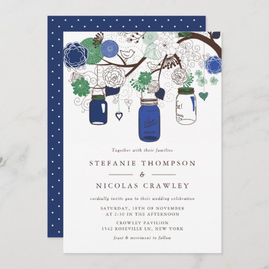 Marine Blauw en Groen Hanging Mason Jars Wedding Kaart (Voorkant / Achterkant)