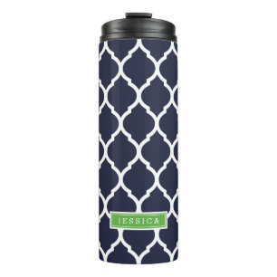 Marine Blauw en Groen Marokkaans Quatrefoil Monogr Thermosbeker