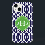 Marine Blauw en Groen Modern Trellis Monogram Case-Mate iPhone Case<br><div class="desc">Cute Girly Trendy Chic Stylish Preppy Geometric Modern Trellis Pattern. Voeg uw aangepaste gepersonaliseerde monogram initialen of naam toe. Klik de Customize knoop van het om doopvonten en kleuren voor een uniek één-van-een-soort ontwerp te veranderen.</div>