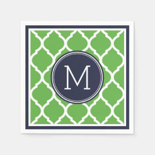 Marine blauw en groen quatrefoil bruiloft monogram servet