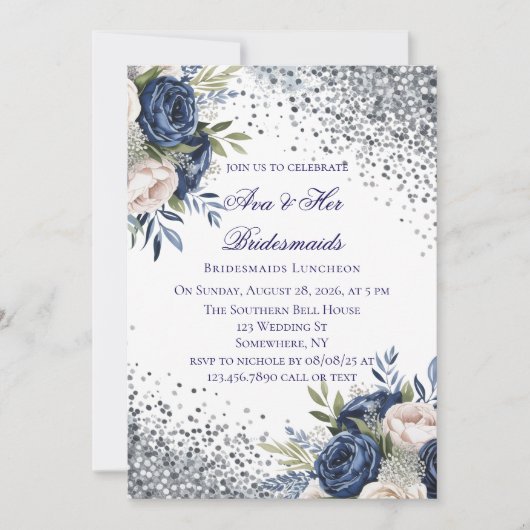 Marine Blauw en Ivoor Bloemen Bruidsmeisjes Lunche Kaart (Voorkant)