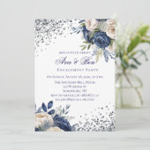Marine Blauw en Ivoor Bloemen Engagement Party Kaart (Staand voorkant)