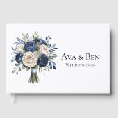 Marine Blauw en Ivoor Bloemen Huwelijk Gastenboek (Voorkant)