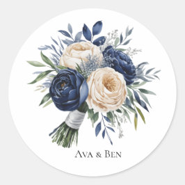 Marine Blauw en Ivoor Bloemen Huwelijk Ronde Sticker