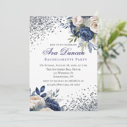 Marine Blauw en Ivoor Bloemen Koppels Douche Kaart (Staand voorkant)