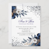 Marine Blauw en Ivoor Bloemen Koppels Douche Kaart (Voorkant)