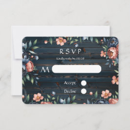 Marine Blauw en Koper Pioenboeket Hout Wedding RSVP Kaartje