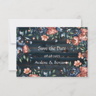 Marine Blauw en Koper Pioenboeket Hout Wedding Save The Date