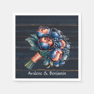 Marine Blauw en Koper Pioenboeket Hout Wedding Servet