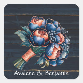 Marine Blauw en Koper Pioenboeket Hout Wedding Vierkante Sticker