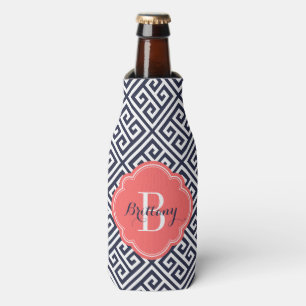Marine Blauw en Koraal Grieks Sleutel Monogram Flesjeskoeler