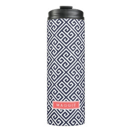 Marine Blauw en Koraal Grieks Sleutel Monogram Thermosbeker