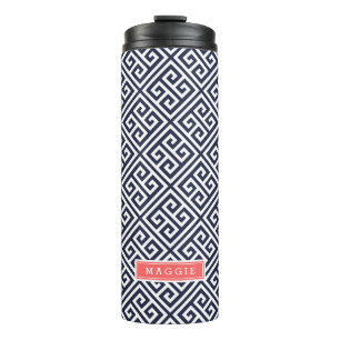 Marine Blauw en Koraal Grieks Sleutel Monogram Thermosbeker