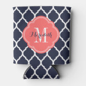 Marine Blauw en Koraal Marokkaans Quatrefoil Monog Blikjeskoeler (Voorkant)