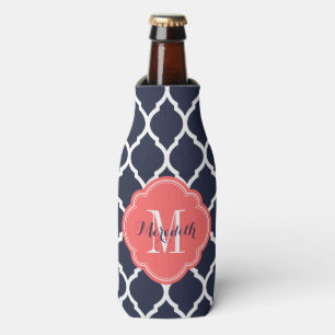 Marine Blauw en Koraal Marokkaans Quatrefoil Monog Flesjeskoeler