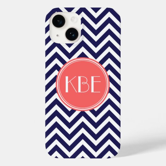 Marine Blauw en Koraal Modern Chevron Custom Monog Case-Mate iPhone Case (Achterkant)