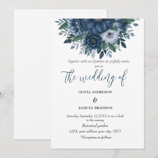 Marine blauw en lichtblauw elegante bruiloft kaart (Voorkant / Achterkant)