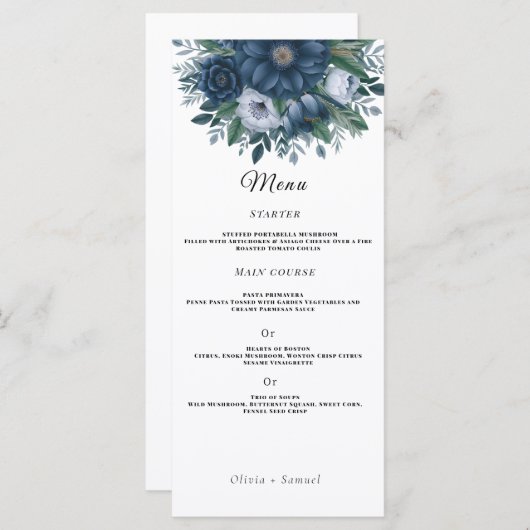 Marine blauw en lichtblauw elegante bruiloft menu (Voorkant / Achterkant)