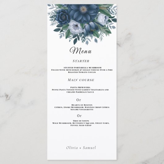 Marine blauw en lichtblauw elegante bruiloft menu (Voorkant)