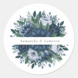 Marine blauw en lichtblauw elegante bruiloft ronde sticker