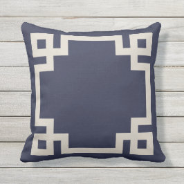 Marine Blauw en Linnen Beige Griekse Key Border Buitenkussen