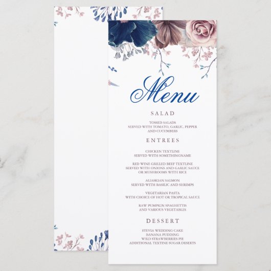 Marine Blauw en Mauve Floral Modern Wedding Menu's (Voorkant / Achterkant)