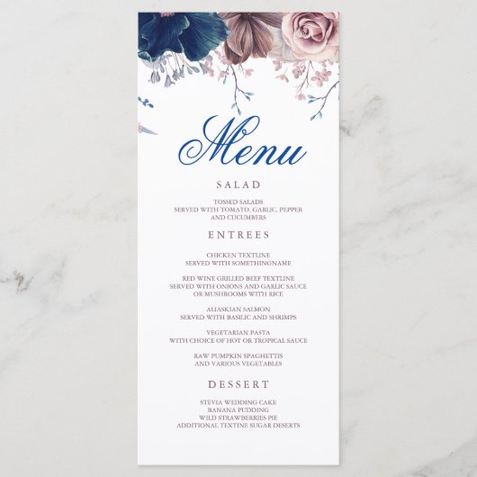 Marine Blauw en Mauve Floral Modern Wedding Menu's (Voorkant)