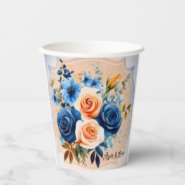 Marine Blauw en Perzik Geschilderd Bloemen Huwelij Papieren Bekers